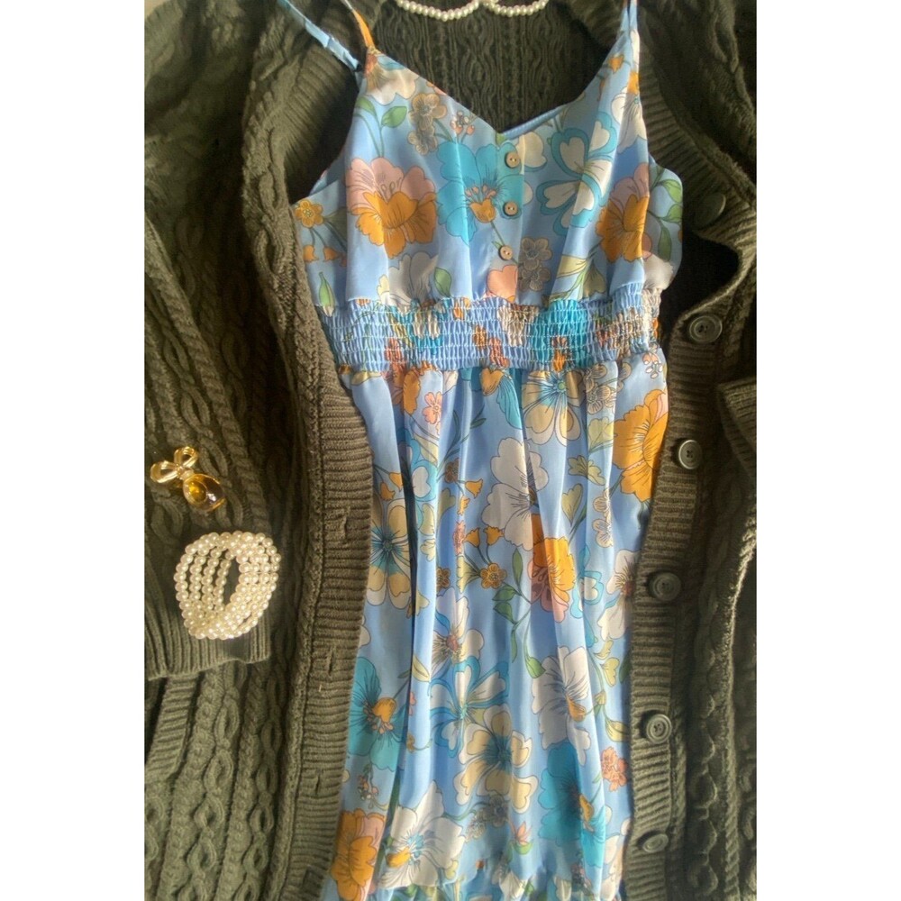 Liberty Love Women floral light Blue Long Lined Dress large flower print NWOT
